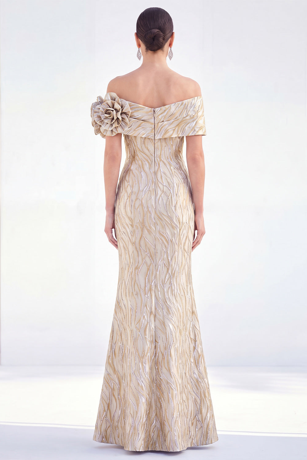 Off The Shoulder Golden Mermaid Long Mother of the Bride Dress with 3D Flowers