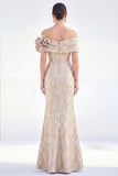 Off The Shoulder Golden Mermaid Long Mother of the Bride Dress with 3D Flowers