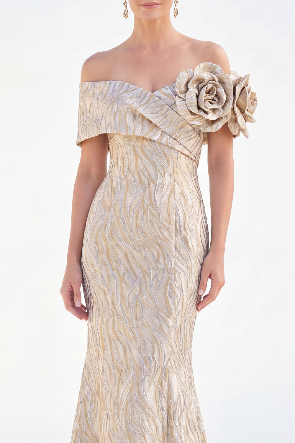 Off The Shoulder Golden Mermaid Long Mother of the Bride Dress with 3D Flowers
