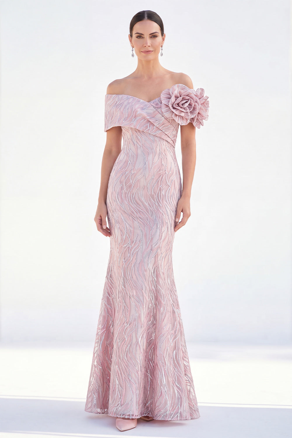 Off The Shoulder Golden Mermaid Long Mother of the Bride Dress with 3D Flowers