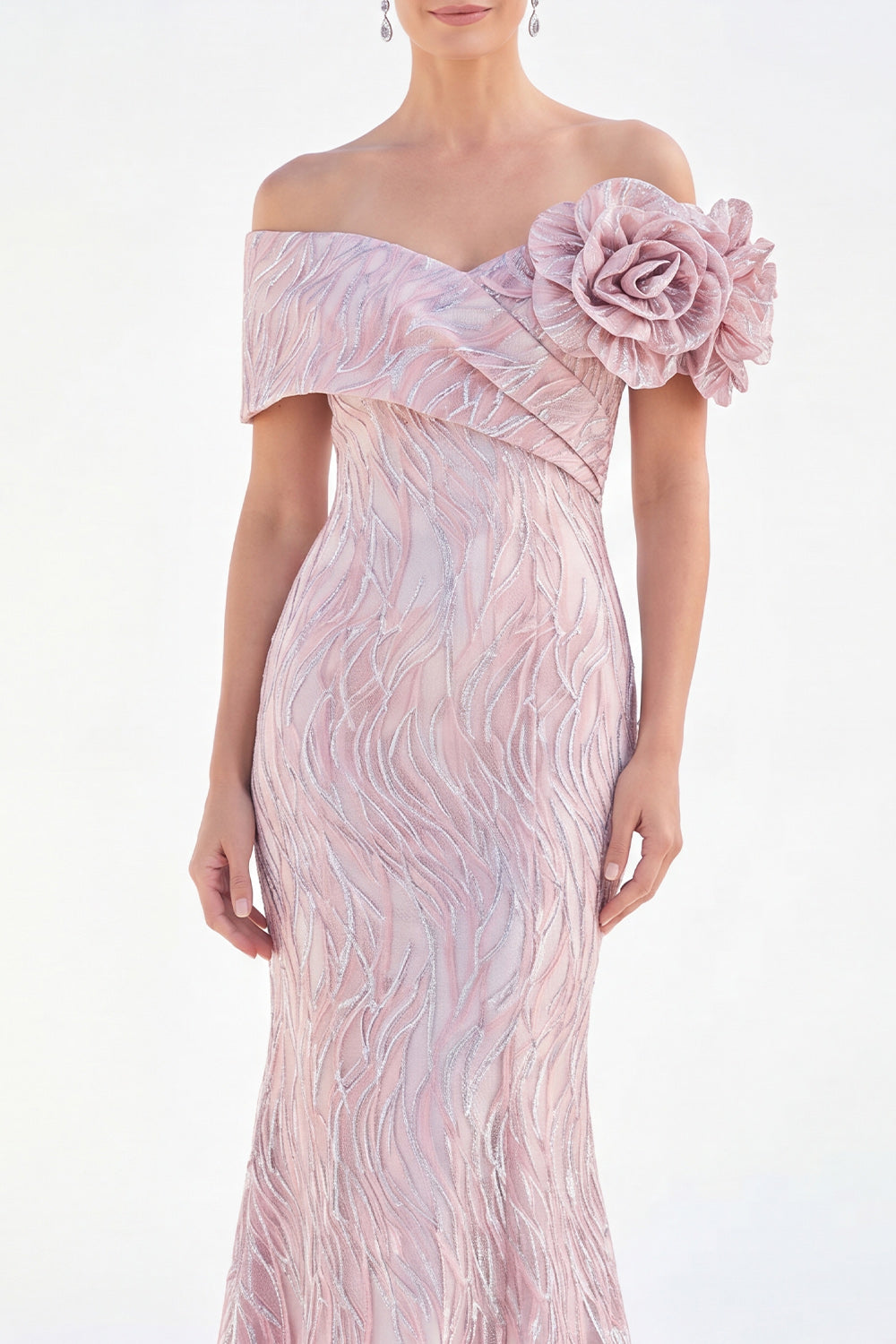 Off The Shoulder Golden Mermaid Long Mother of the Bride Dress with 3D Flowers