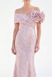 Off The Shoulder Golden Mermaid Long Mother of the Bride Dress with 3D Flowers