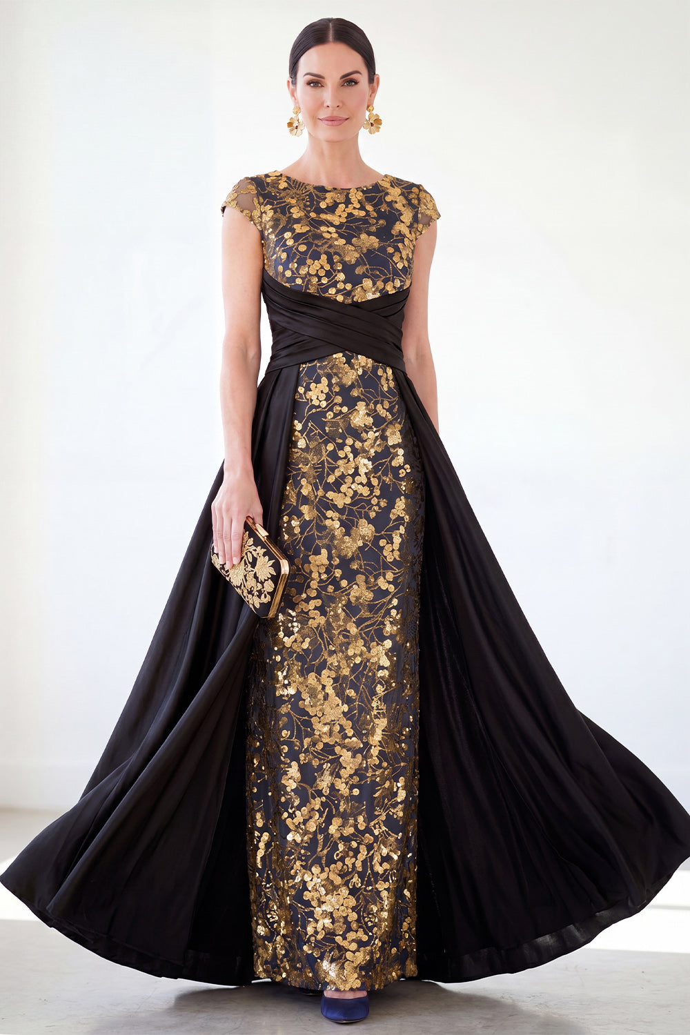 Sparkly Floral Dark Green Ruched Beaded Sheath Long Mother of the Bride Dress