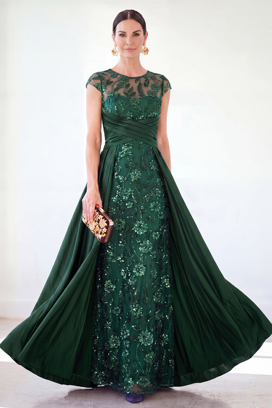 Sparkly Floral Dark Green Ruched Beaded Sheath Long Mother of the Bride Dress