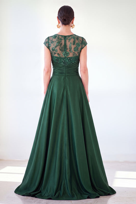 Sparkly Floral Dark Green Ruched Beaded Sheath Long Mother of the Bride Dress
