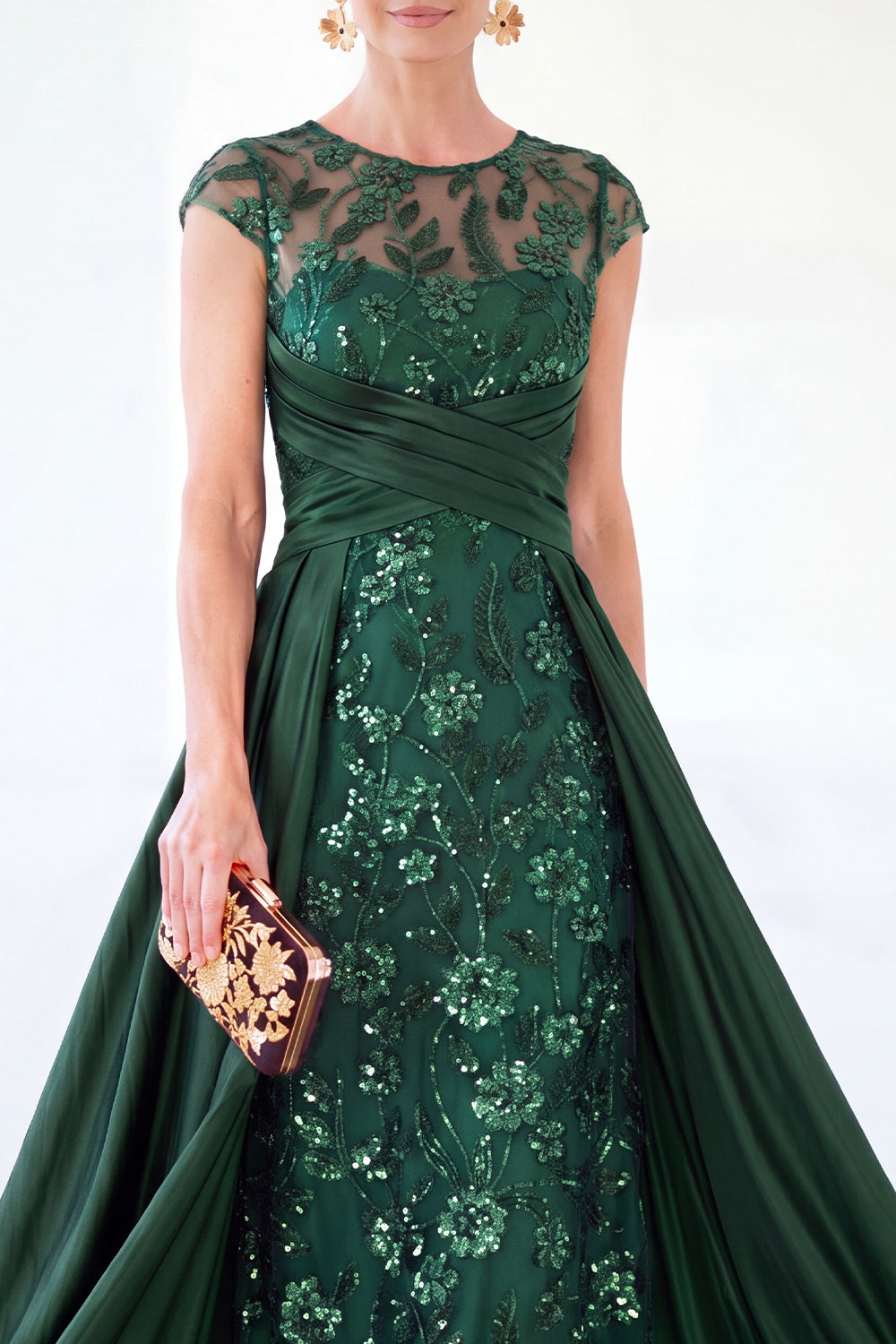 Sparkly Floral Dark Green Ruched Beaded Sheath Long Mother of the Bride Dress
