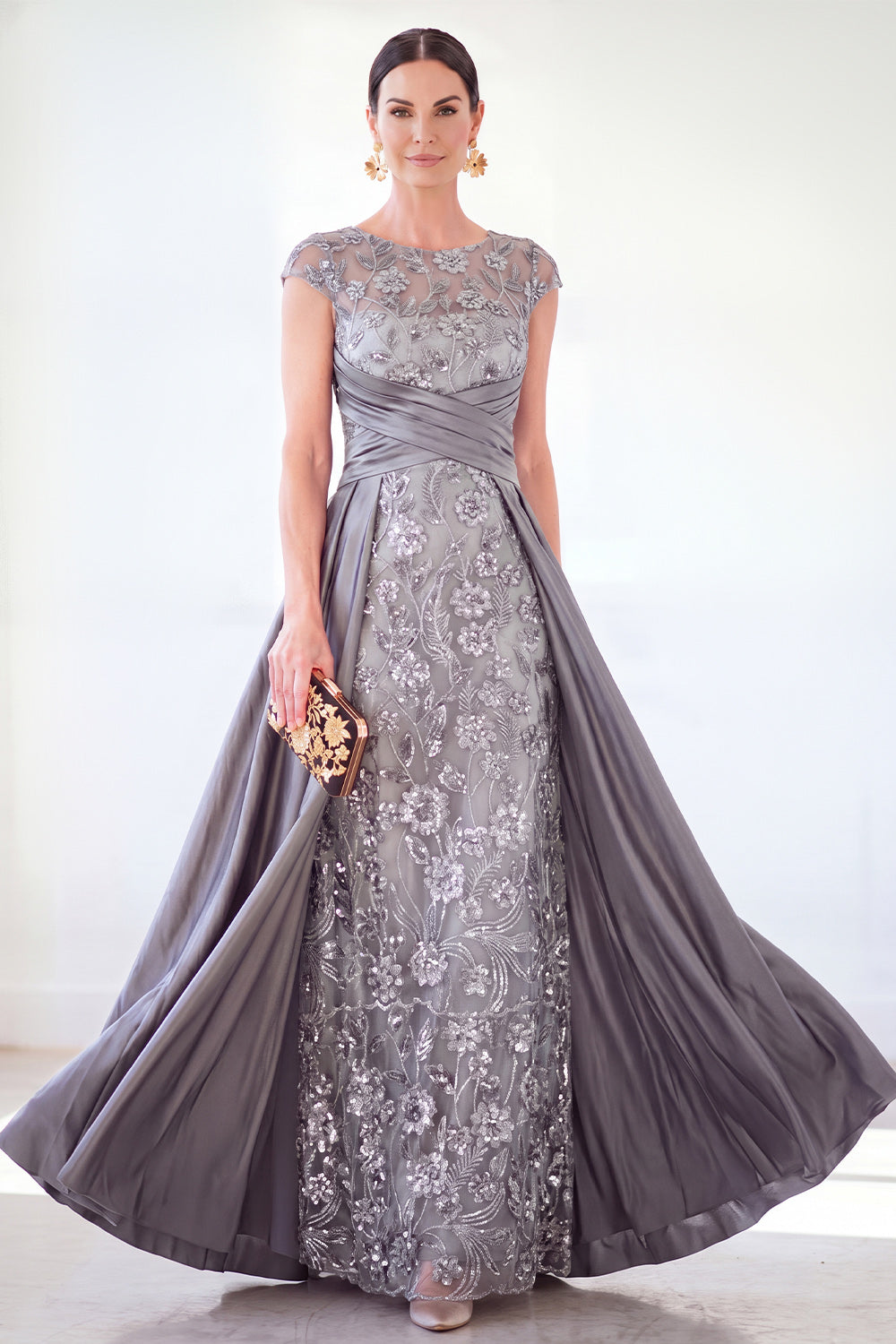Sparkly Floral Dark Green Ruched Beaded Sheath Long Mother of the Bride Dress