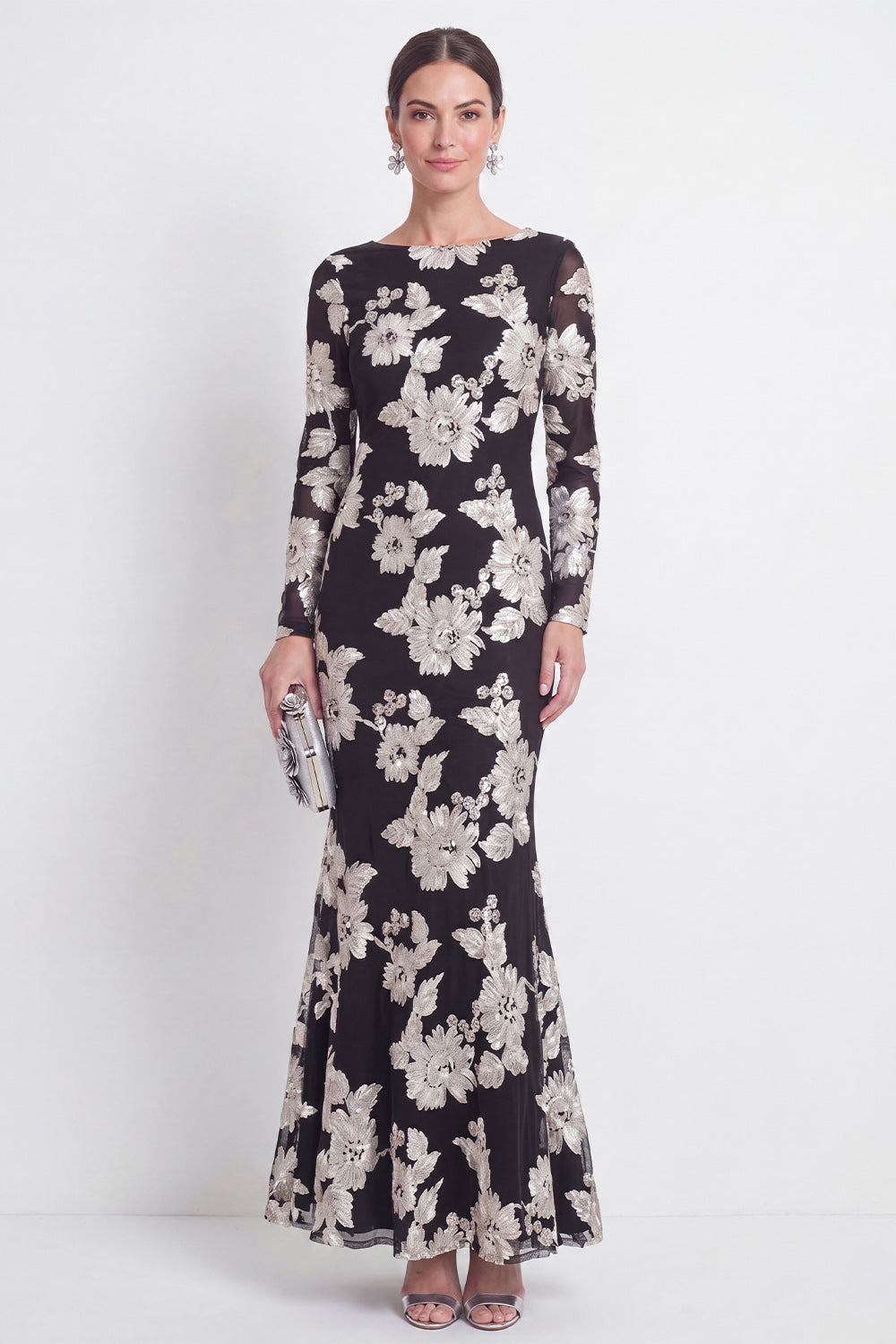 Bateau Neck Black Floral Mermaid Long Sleeves Mother of the Bride Dress