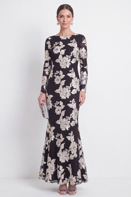 Bateau Neck Black Floral Mermaid Long Sleeves Mother of the Bride Dress