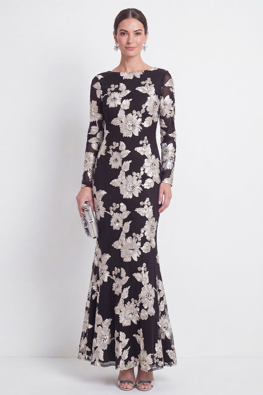Bateau Neck Black Floral Mermaid Long Sleeves Mother of the Bride Dress