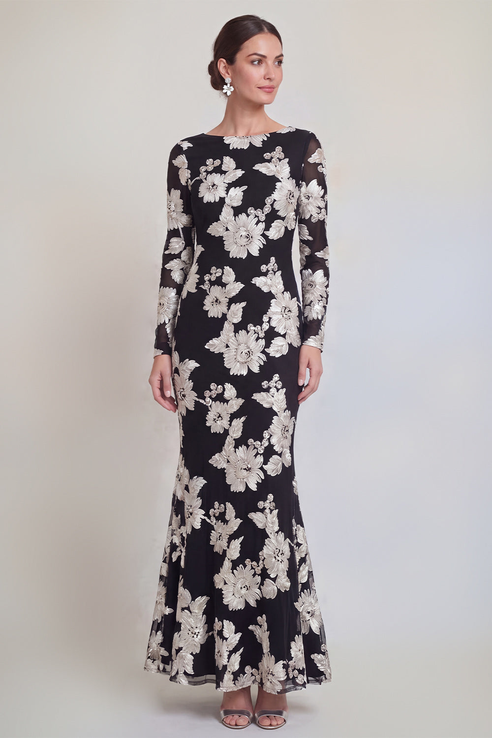 Bateau Neck Black Floral Mermaid Long Sleeves Mother of the Bride Dress