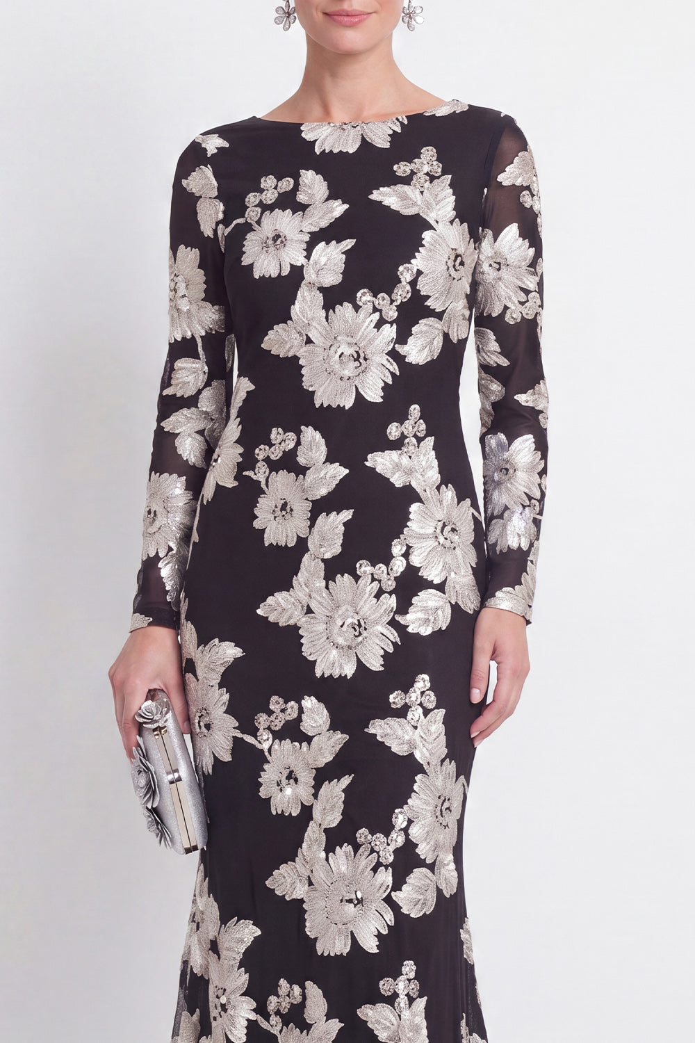 Bateau Neck Black Floral Mermaid Long Sleeves Mother of the Bride Dress