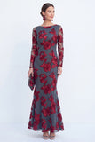 Bateau Neck Black Floral Mermaid Long Sleeves Mother of the Bride Dress