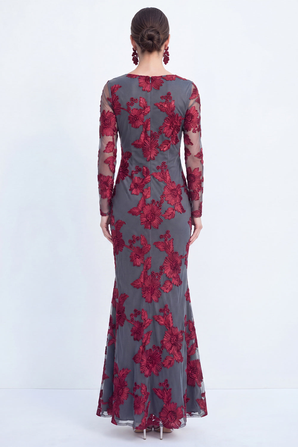 Bateau Neck Black Floral Mermaid Long Sleeves Mother of the Bride Dress