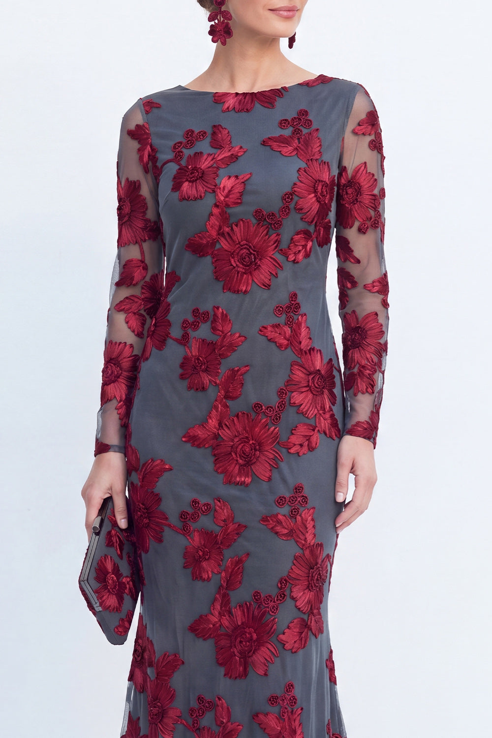 Bateau Neck Black Floral Mermaid Long Sleeves Mother of the Bride Dress