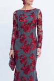 Bateau Neck Black Floral Mermaid Long Sleeves Mother of the Bride Dress