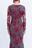 Bateau Neck Black Floral Mermaid Long Sleeves Mother of the Bride Dress