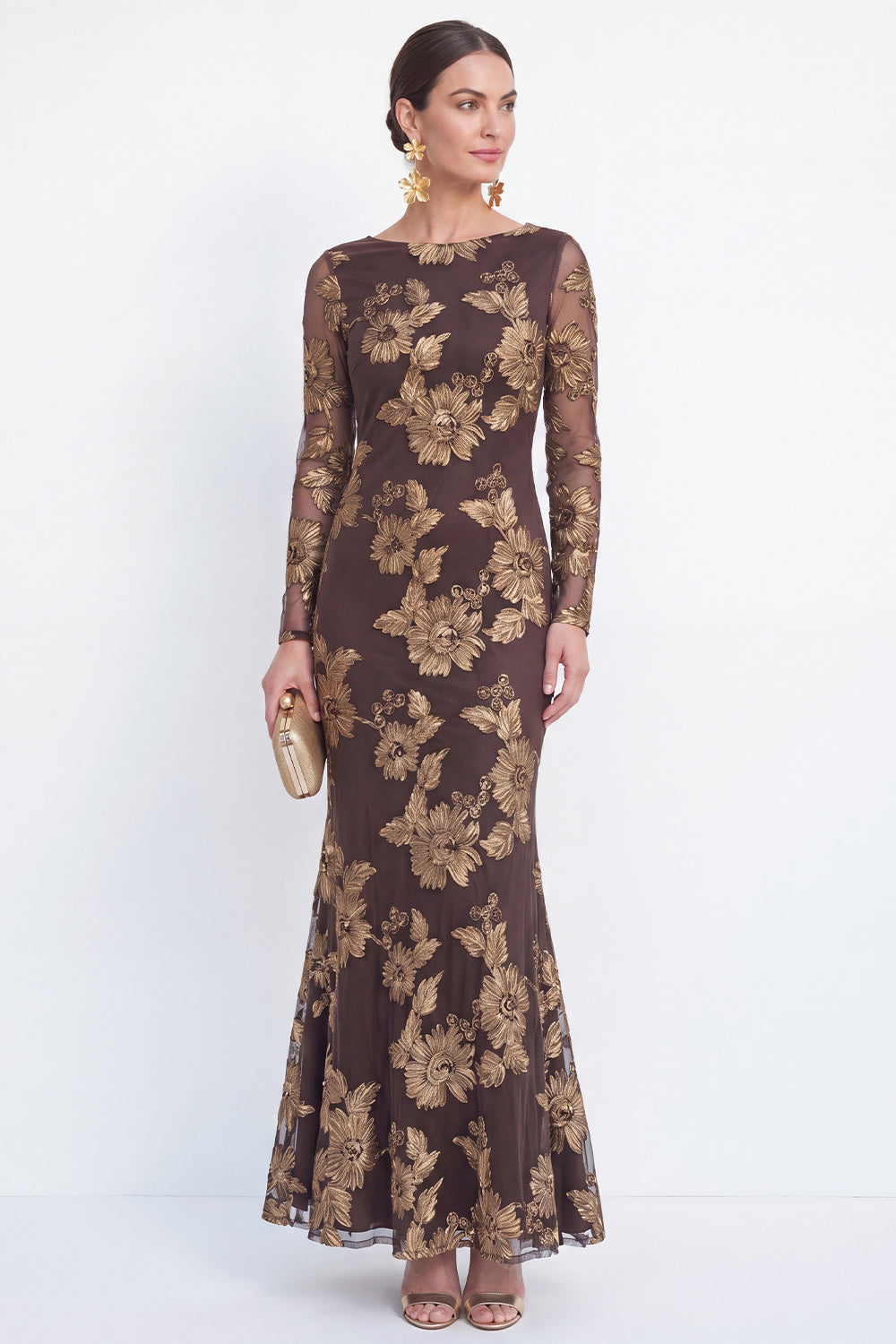 Bateau Neck Black Floral Mermaid Long Sleeves Mother of the Bride Dress