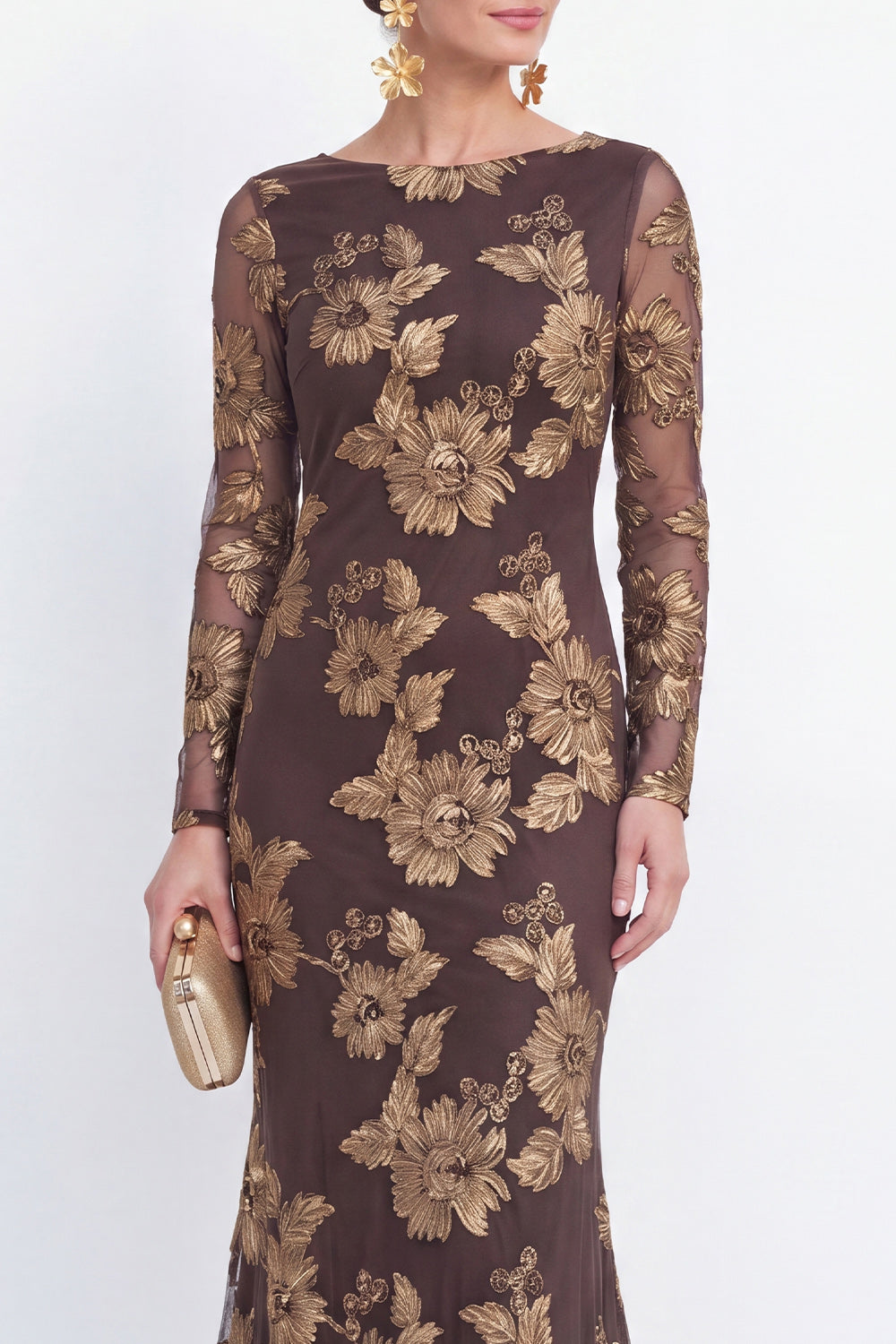 Bateau Neck Black Floral Mermaid Long Sleeves Mother of the Bride Dress