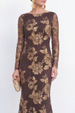Bateau Neck Black Floral Mermaid Long Sleeves Mother of the Bride Dress