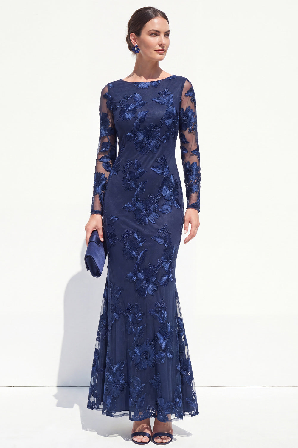 Bateau Neck Black Floral Mermaid Long Sleeves Mother of the Bride Dress