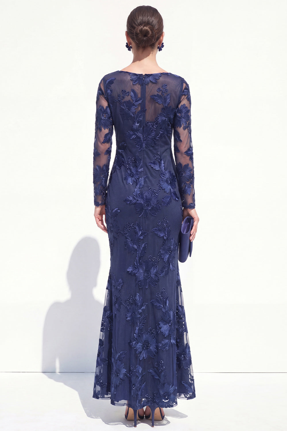 Bateau Neck Black Floral Mermaid Long Sleeves Mother of the Bride Dress