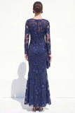 Bateau Neck Black Floral Mermaid Long Sleeves Mother of the Bride Dress