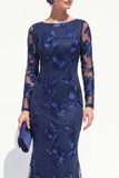 Bateau Neck Black Floral Mermaid Long Sleeves Mother of the Bride Dress
