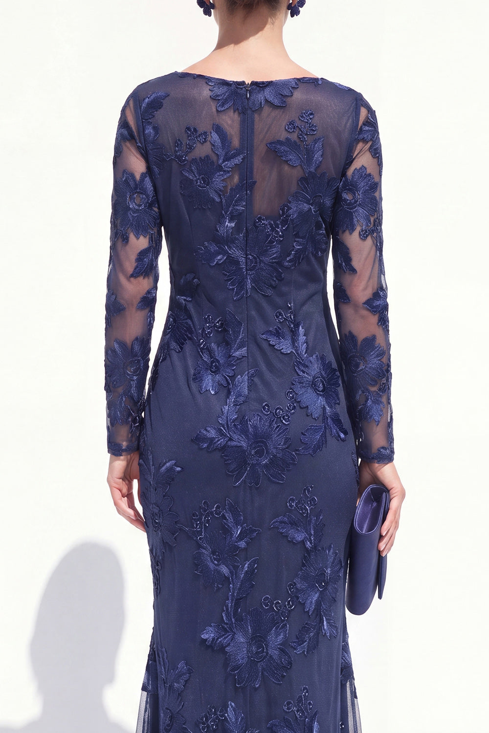 Bateau Neck Black Floral Mermaid Long Sleeves Mother of the Bride Dress