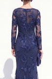 Bateau Neck Black Floral Mermaid Long Sleeves Mother of the Bride Dress