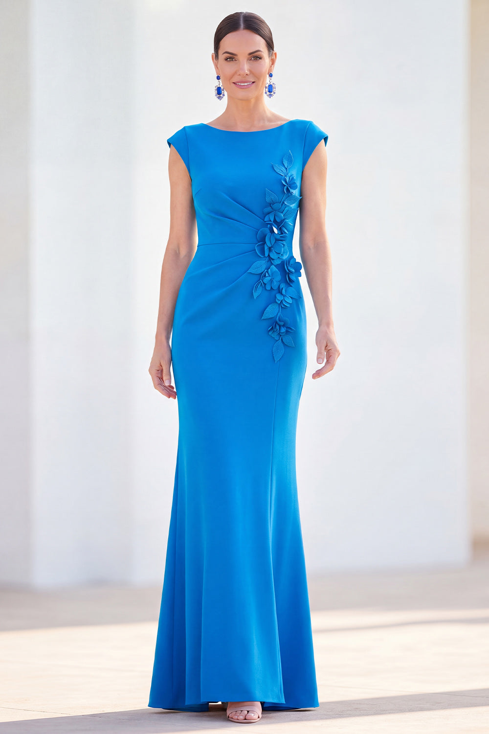 Boat Neck Fuchsia Ruched Floral Mermaid Long Mother of the Bride Dress
