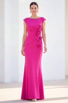 Boat Neck Fuchsia Ruched Floral Mermaid Long Mother of the Bride Dress