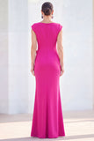 Boat Neck Fuchsia Ruched Floral Mermaid Long Mother of the Bride Dress