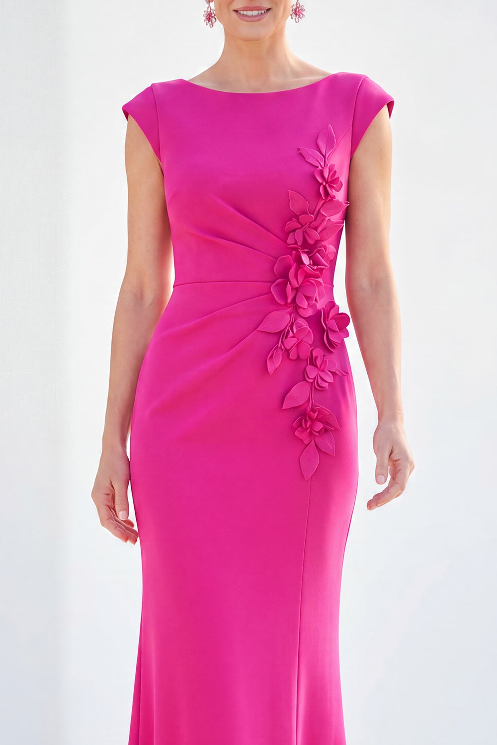 Boat Neck Fuchsia Ruched Floral Mermaid Long Mother of the Bride Dress