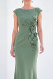 Boat Neck Fuchsia Ruched Floral Mermaid Long Mother of the Bride Dress