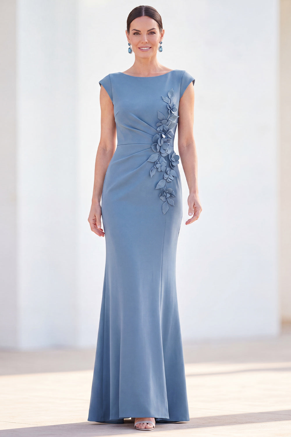 Boat Neck Fuchsia Ruched Floral Mermaid Long Mother of the Bride Dress