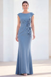 Boat Neck Fuchsia Ruched Floral Mermaid Long Mother of the Bride Dress