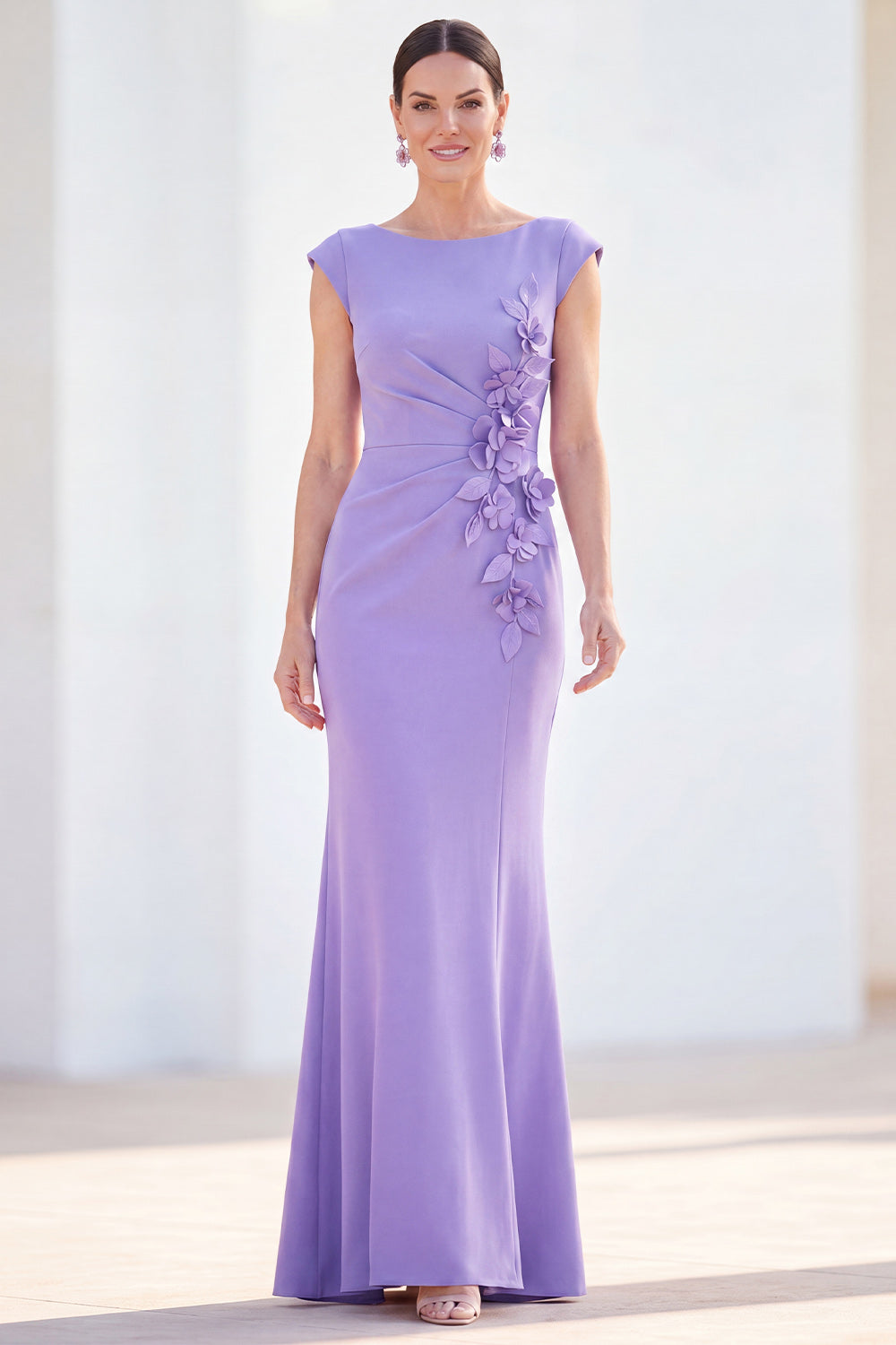 Boat Neck Fuchsia Ruched Floral Mermaid Long Mother of the Bride Dress