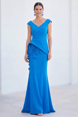 V-Neck Blue Ruched Mermaid Long Mother of the Bride Dress with 3D Flowers
