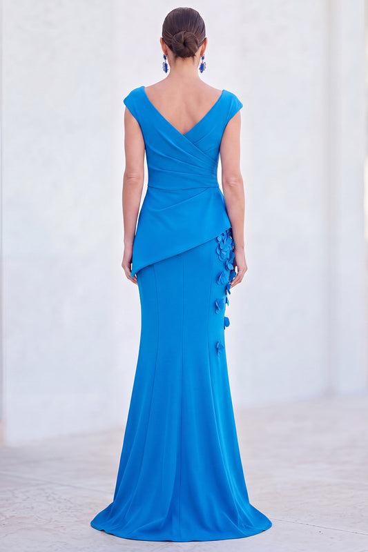V-Neck Blue Ruched Mermaid Long Mother of the Bride Dress with 3D Flowers