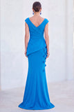 V-Neck Blue Ruched Mermaid Long Mother of the Bride Dress with 3D Flowers