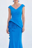 V-Neck Blue Ruched Mermaid Long Mother of the Bride Dress with 3D Flowers