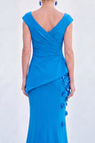 V-Neck Blue Ruched Mermaid Long Mother of the Bride Dress with 3D Flowers