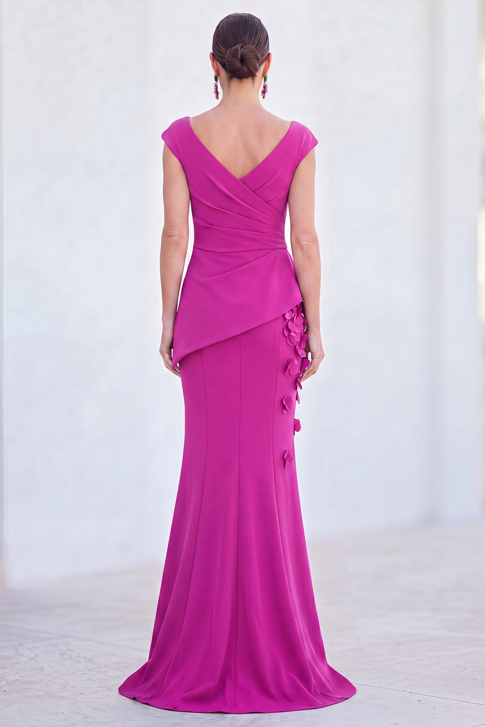 V-Neck Blue Ruched Mermaid Long Mother of the Bride Dress with 3D Flowers