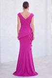 V-Neck Blue Ruched Mermaid Long Mother of the Bride Dress with 3D Flowers