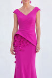 V-Neck Blue Ruched Mermaid Long Mother of the Bride Dress with 3D Flowers