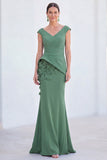 V-Neck Blue Ruched Mermaid Long Mother of the Bride Dress with 3D Flowers