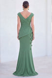 V-Neck Blue Ruched Mermaid Long Mother of the Bride Dress with 3D Flowers