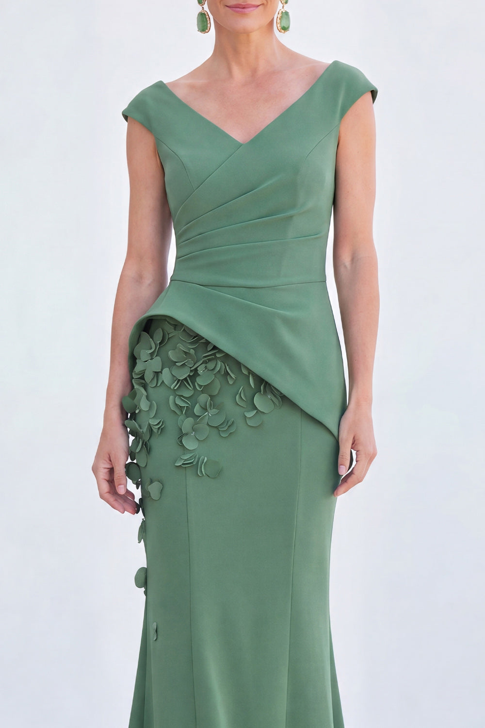 V-Neck Blue Ruched Mermaid Long Mother of the Bride Dress with 3D Flowers