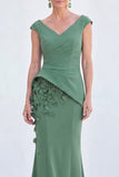 V-Neck Blue Ruched Mermaid Long Mother of the Bride Dress with 3D Flowers